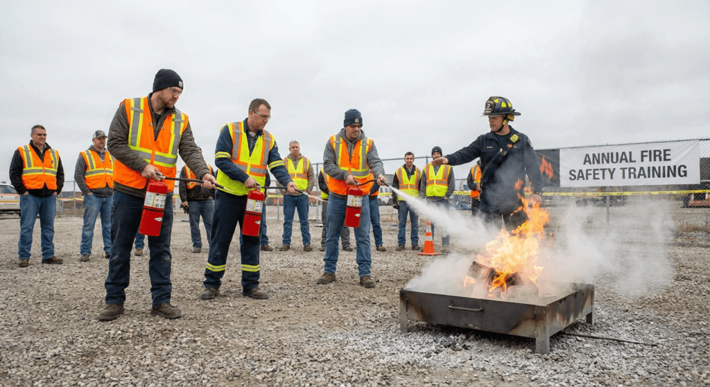 Exercice pratique manipulation extincteur lors d’une formation incendie