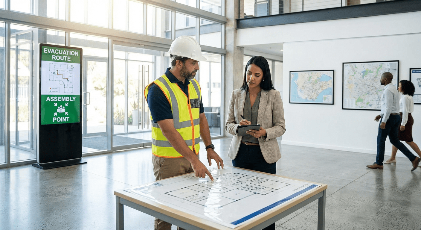 Responsable sécurité révisant un plan d'évacuation incendie avec le gestionnaire du bâtiment