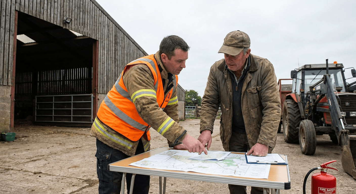 Expert en sécurité incendie conseillant un agriculteur sur la protection de son exploitation