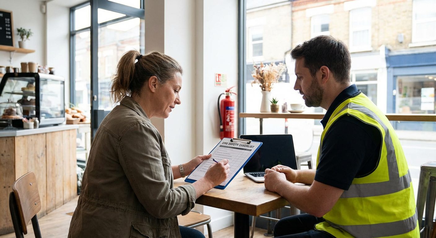 Exploitant vérifiant les obligations de sécurité incendie de son commerce