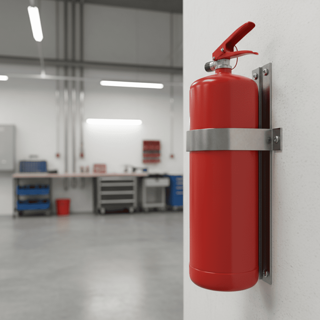 Extincteur à poudre ABC fixé au mur d'une usine