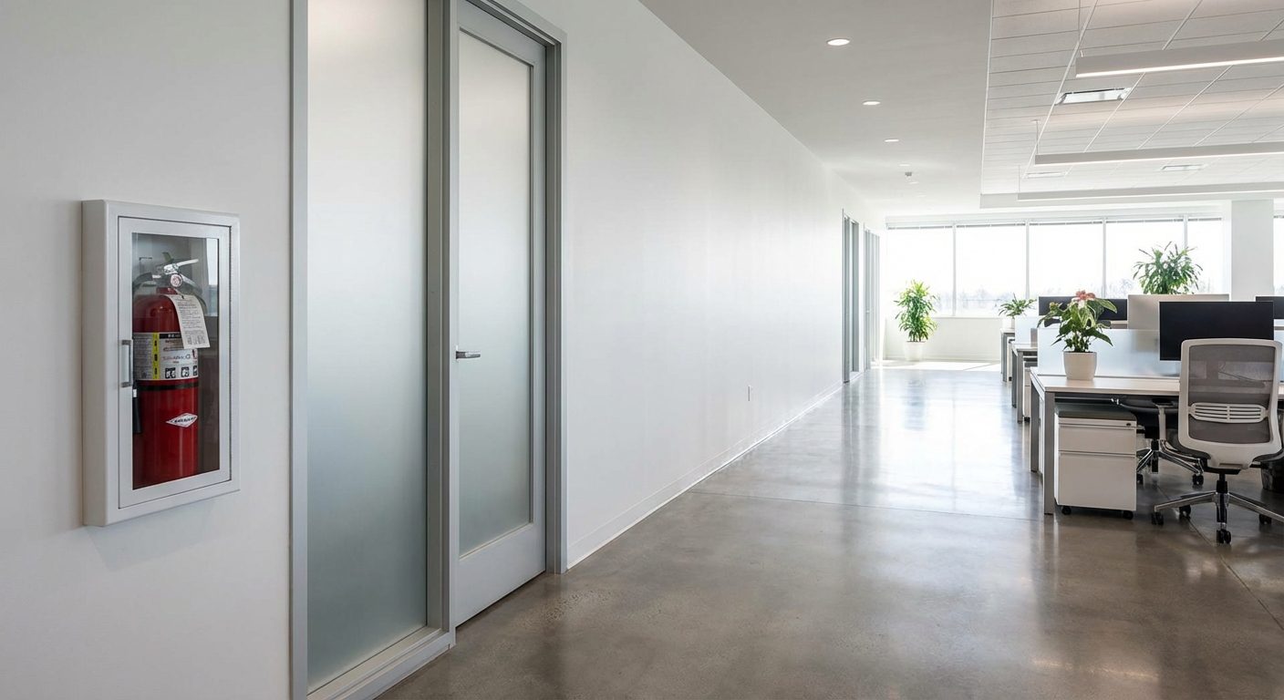 Extincteur dans un couloir de bureau moderne