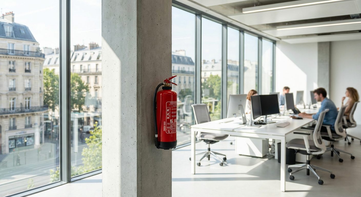 Extincteur dans un bureau moderne à Villeurbanne, protection incendie entreprise