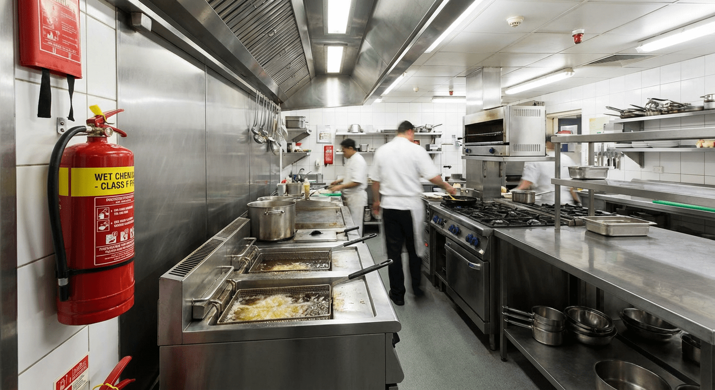 Extincteur classe F dans la cuisine professionnelle d'un hôtel