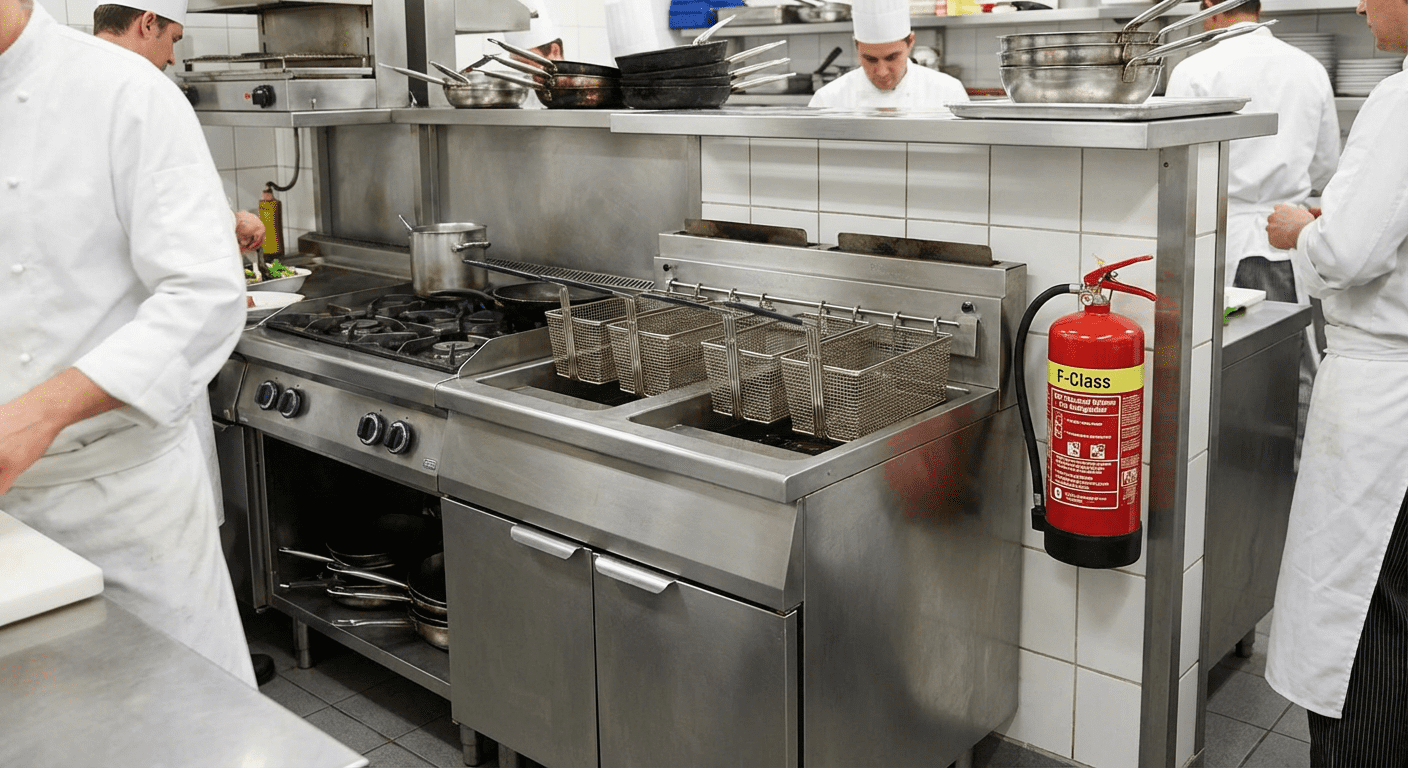 Extincteur classe F dans une cuisine professionnelle équipée