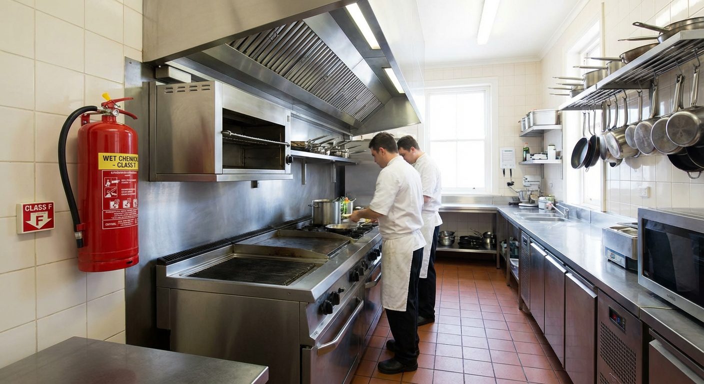Extincteur classe F dans une cuisine de restaurant professionnelle
