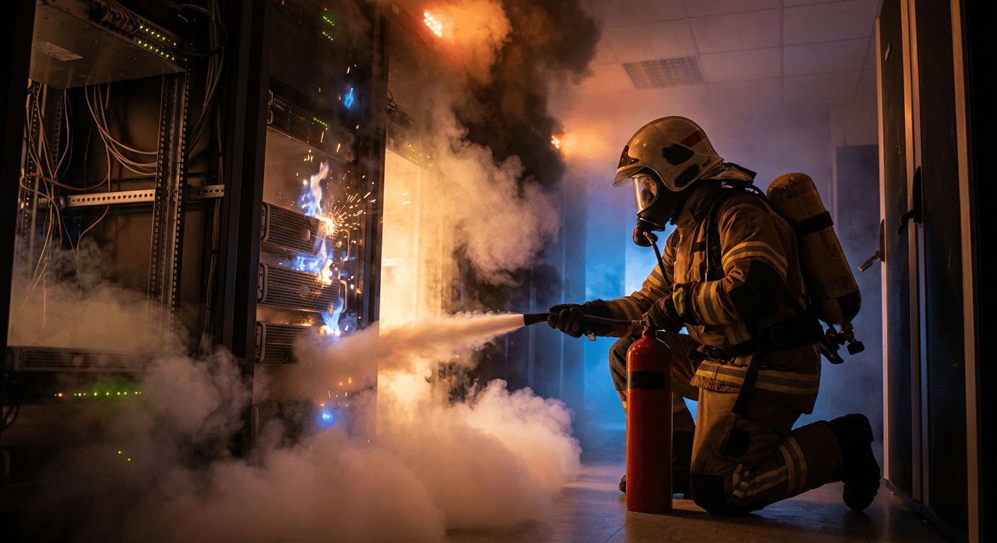 Extincteur CO2 ou poudre : comparatif, avantages et guide de choix 3 Extincteur CO2 utilise sur un depart de feu electrique dans une salle serveurs