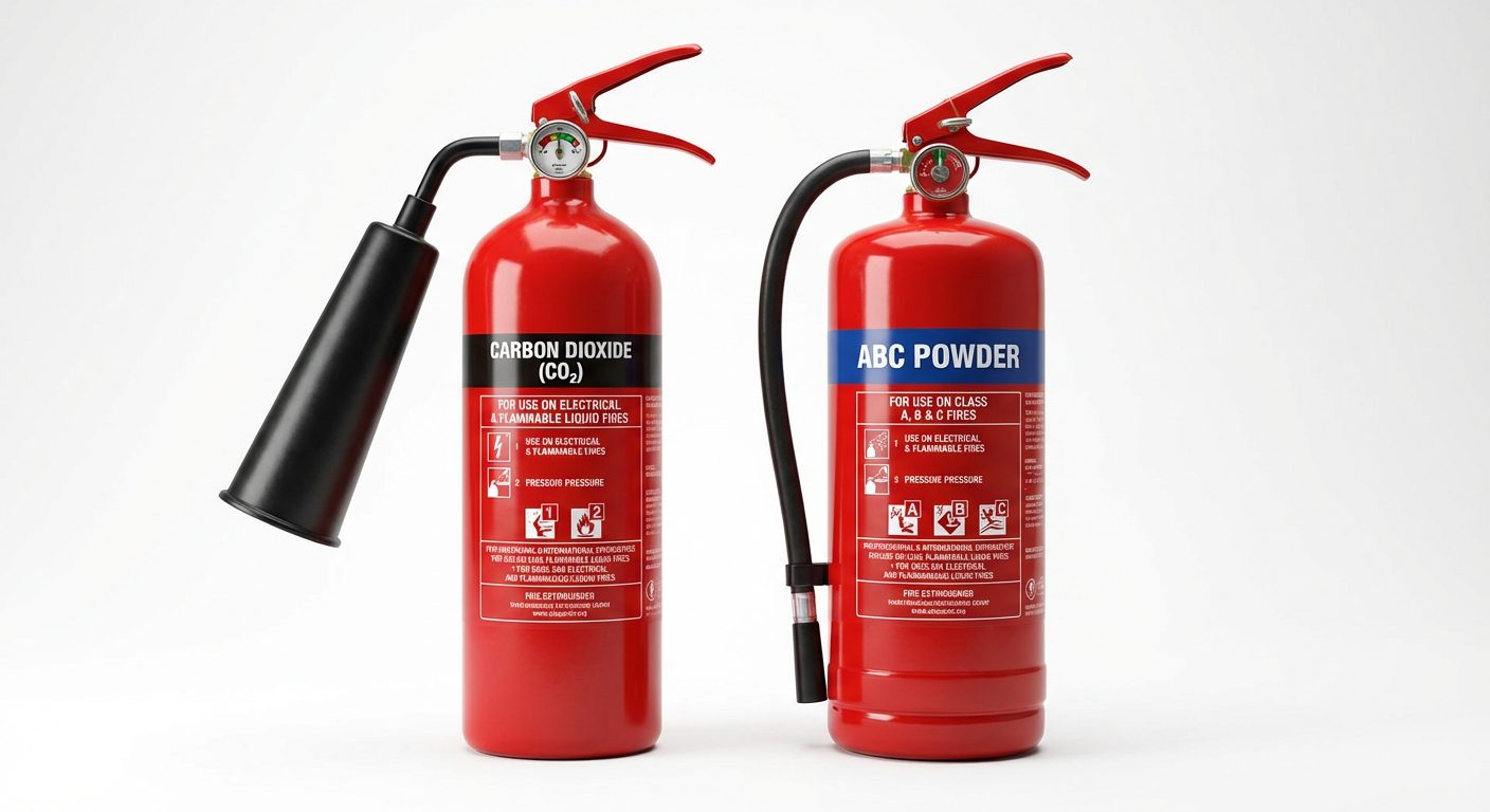 Comparatif extincteur CO2 et extincteur poudre cote a cote