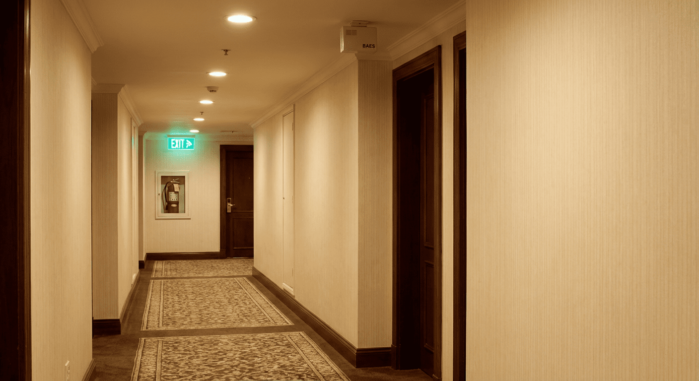 Couloir d'hôtel équipé d'extincteur, BAES et signalétique de sécurité