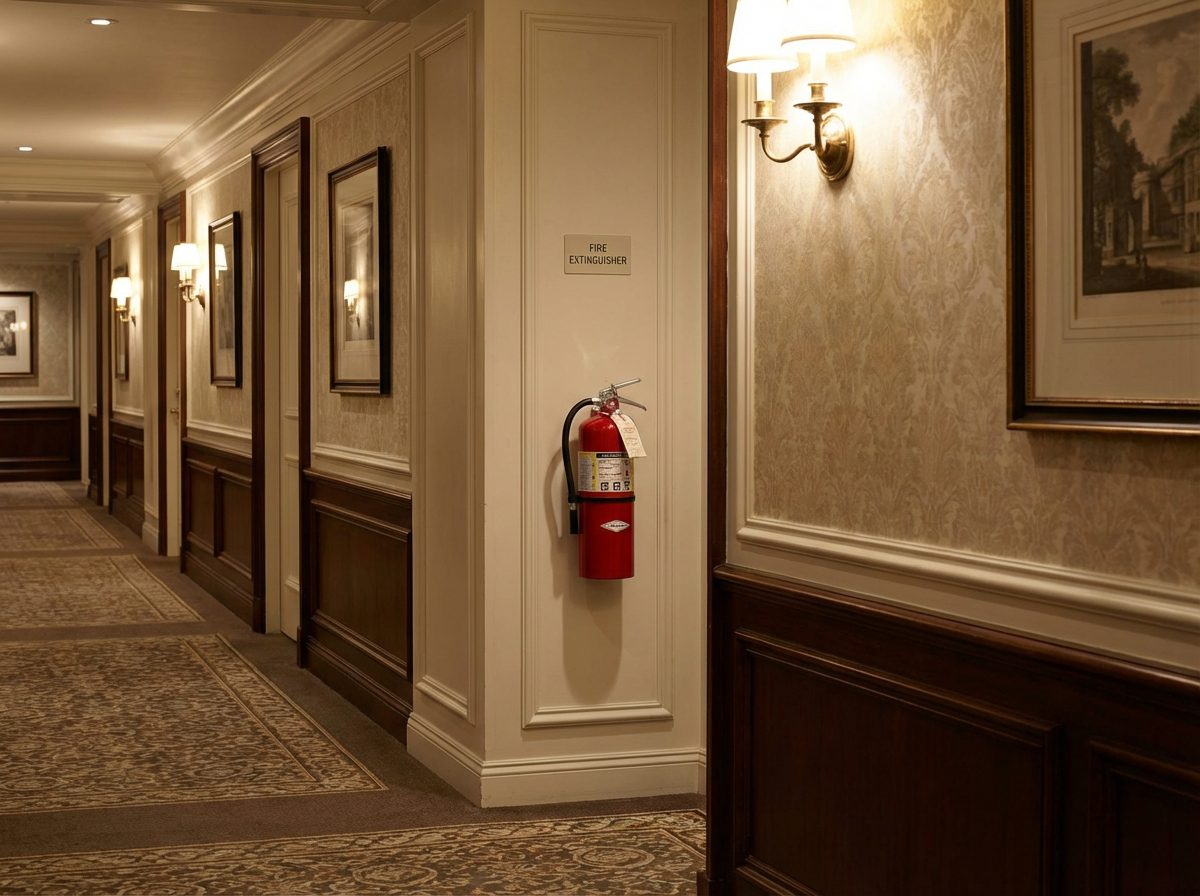 Extincteur installe dans un couloir hotel - conformite ERP type O