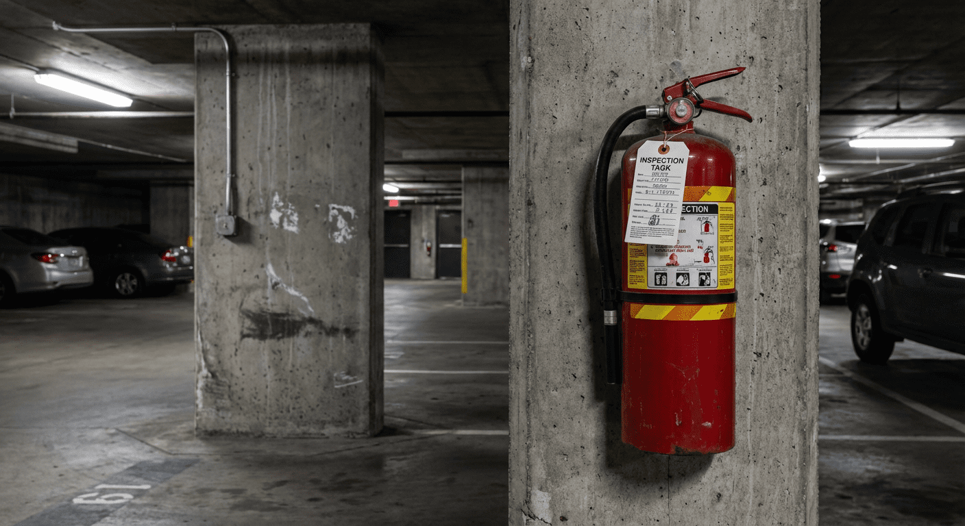 Extincteur dans un parking souterrain de copropriété