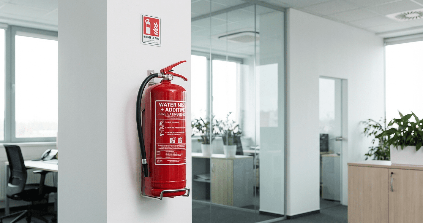 Extincteur eau pulverisee avec additif installe dans un bureau moderne a Lyon