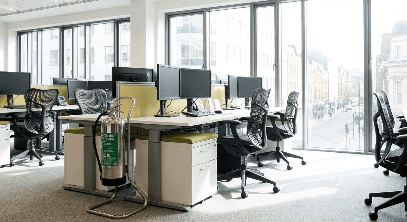 Extincteur a eau pulverisee dans un open space