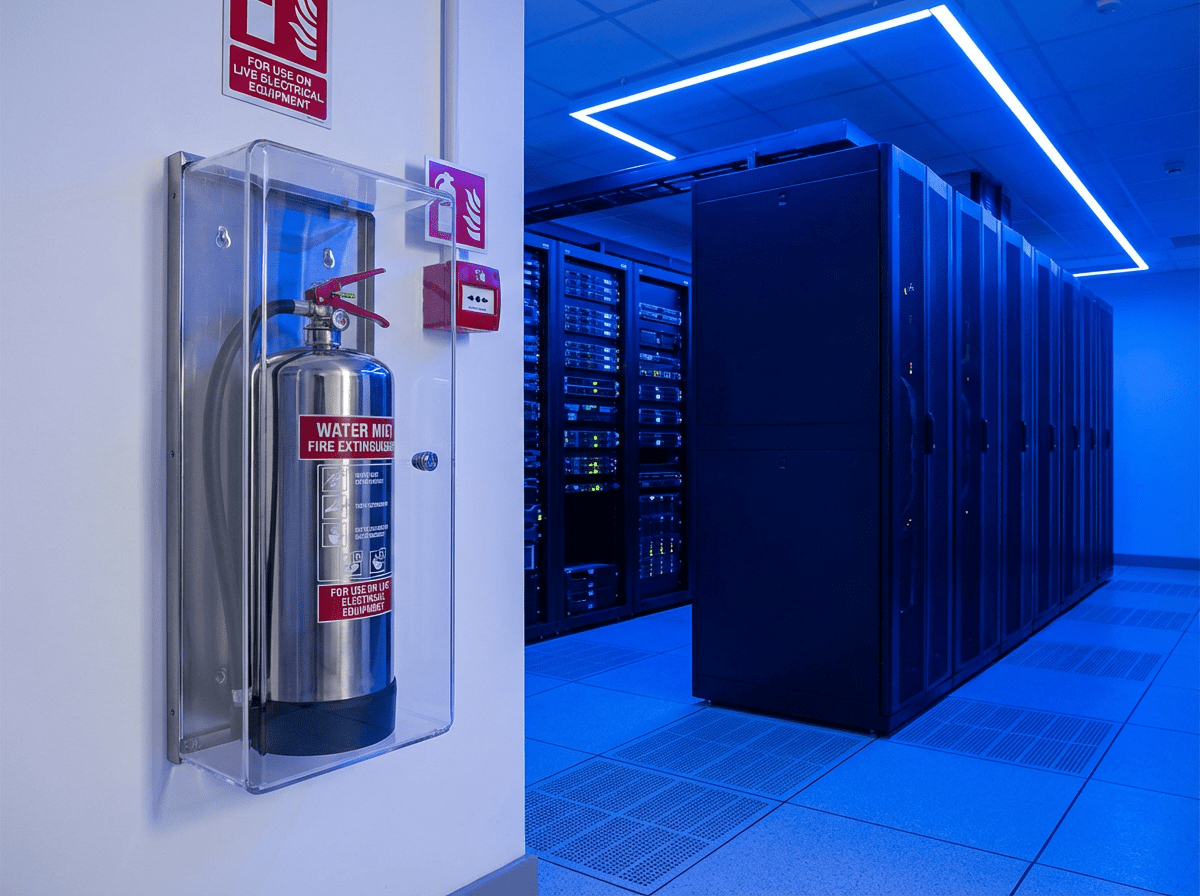 Extincteur eau pulverisee avec additif installe dans salle serveur