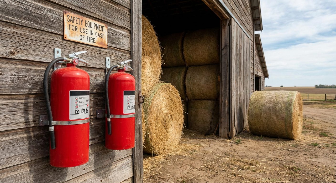 Extincteurs rouges fixés sur le mur en bois d'une grange agricole avec des bottes de foin en arrière-plan