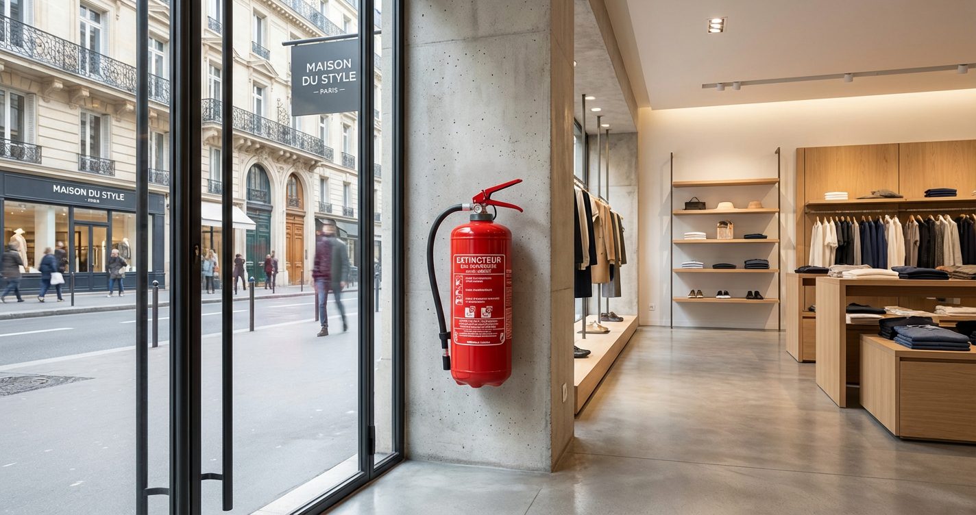 Extincteur incendie installe pres de l entree d un commerce