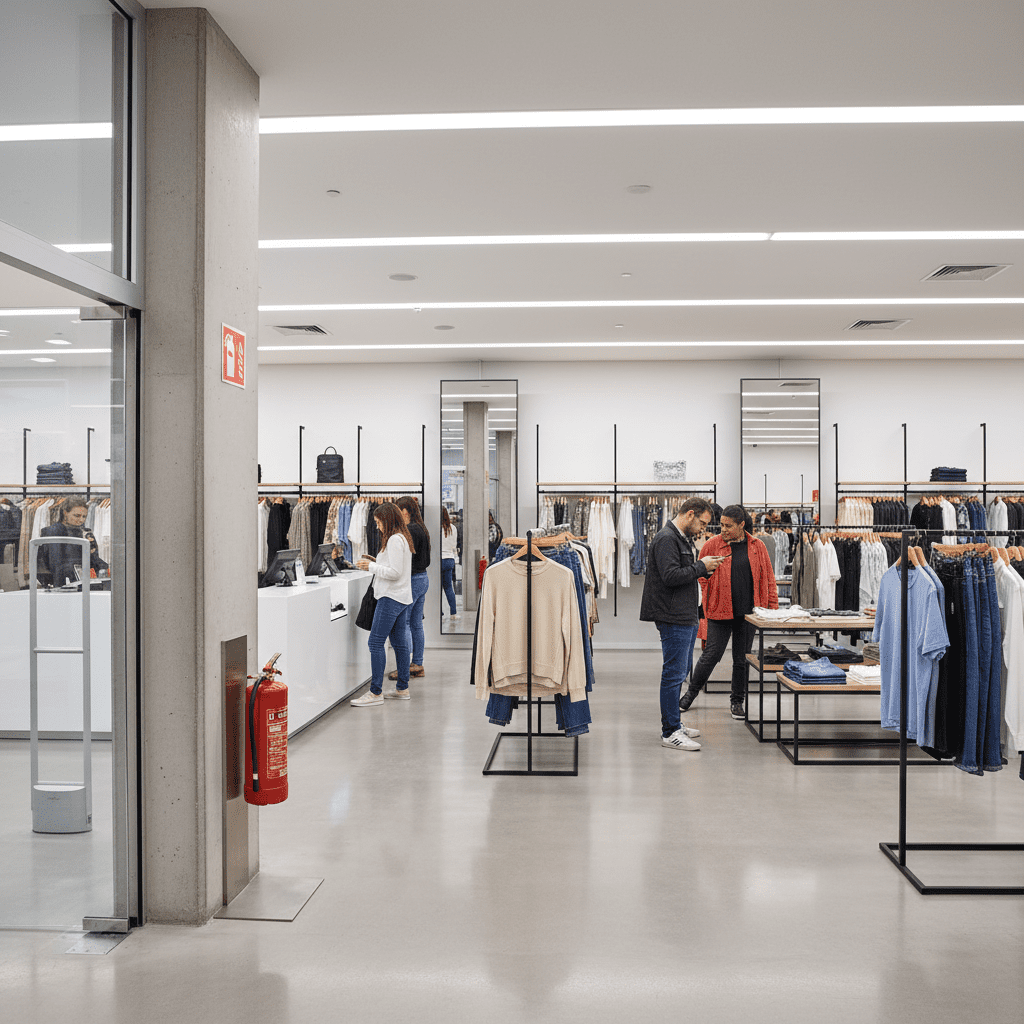 Extincteur installé dans un commerce de prêt-à-porter avec signalétique