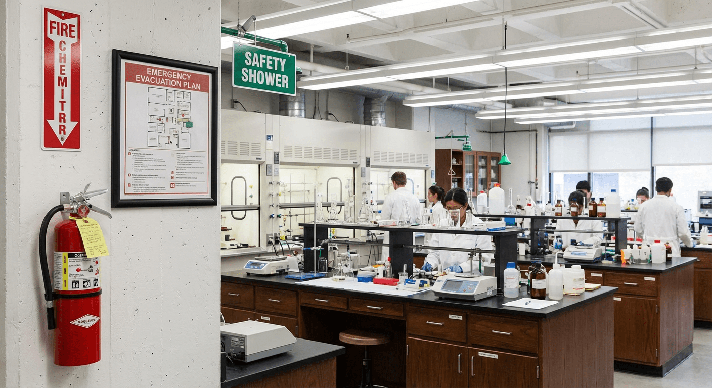 Extincteur et plan d'évacuation dans un laboratoire universitaire à Villeurbanne