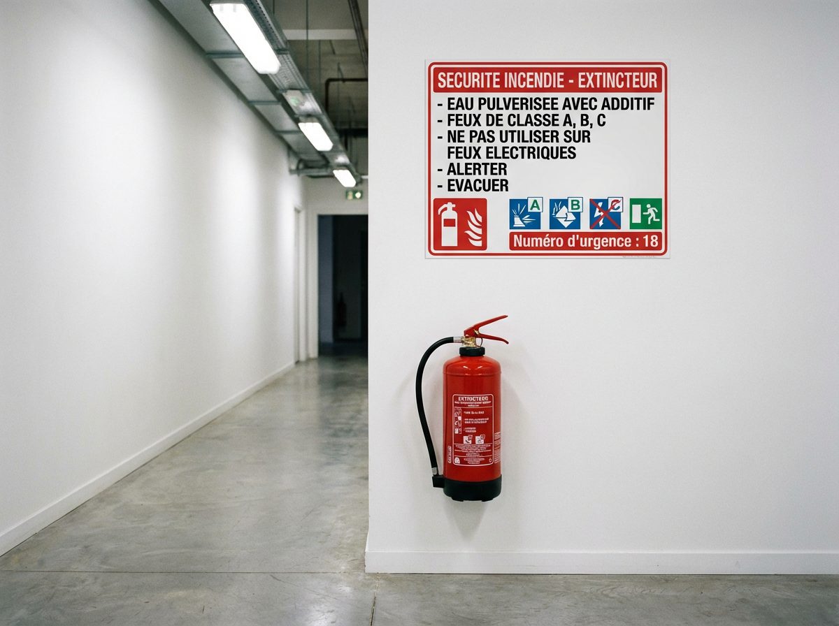 Extincteur mural avec signaletique reglementaire dans un couloir d entreprise