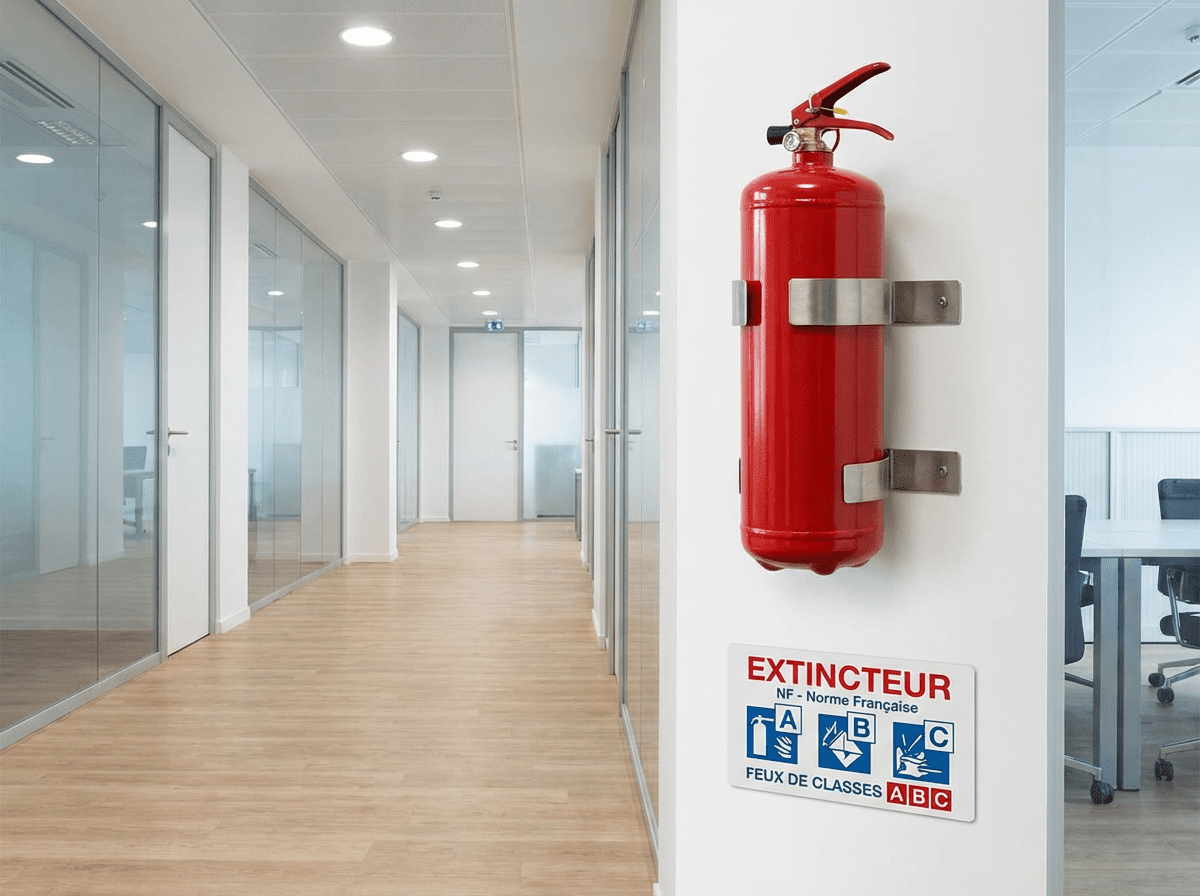 Extincteur mural avec signalisation conforme aux normes