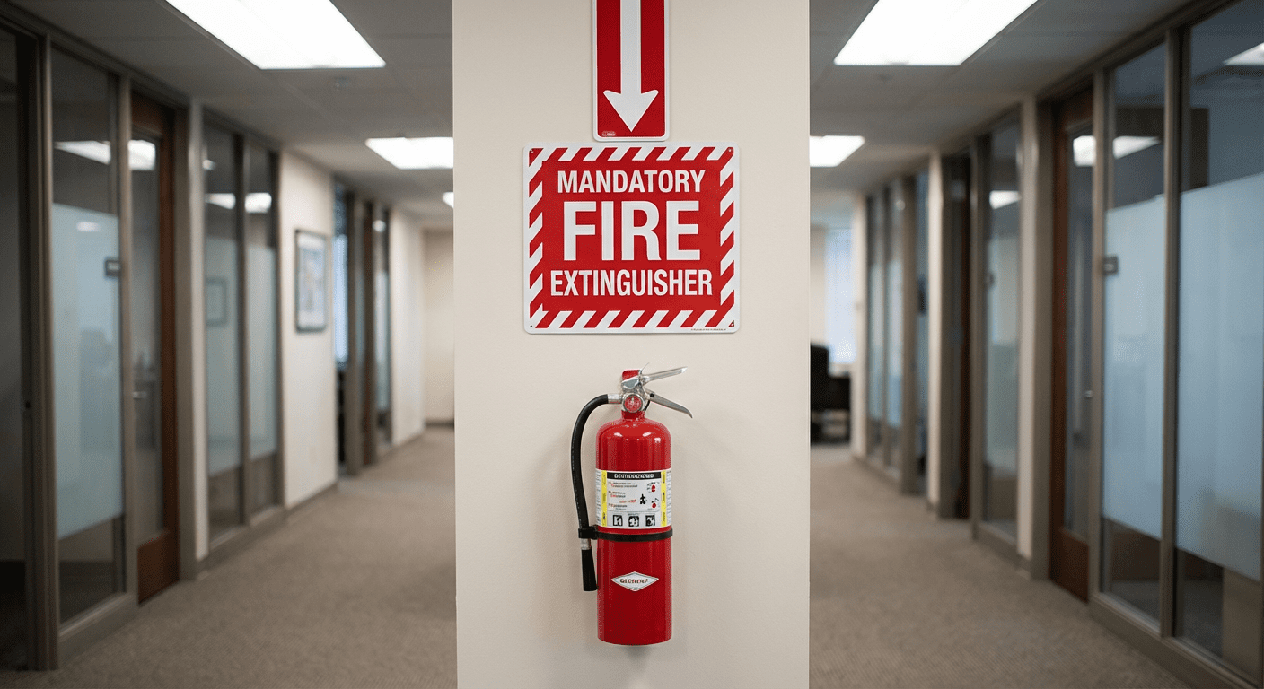 Extincteur avec panneau de signalisation et flèche directionnelle