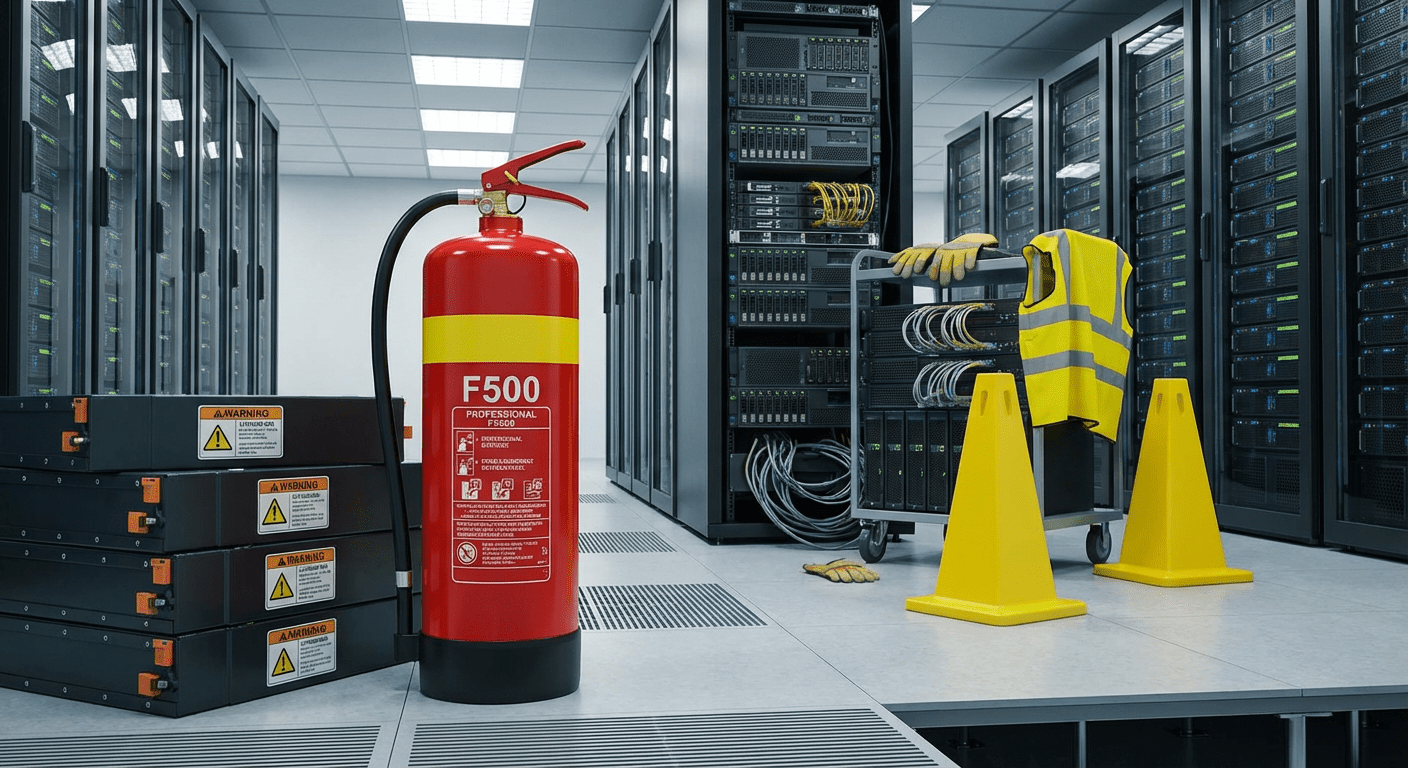 extincteur portatif rouge signalé en local commercial à Lyon, prestation Hexia Sécurité — extincteur f500 batteries