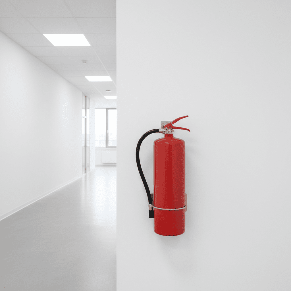 Extincteur rouge installé dans un couloir de bureau moderne