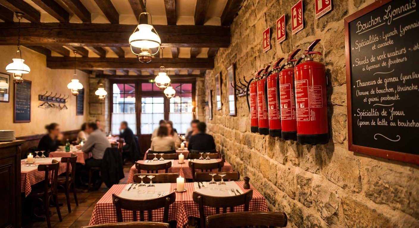 Extincteurs dans un restaurant du Vieux Lyon
