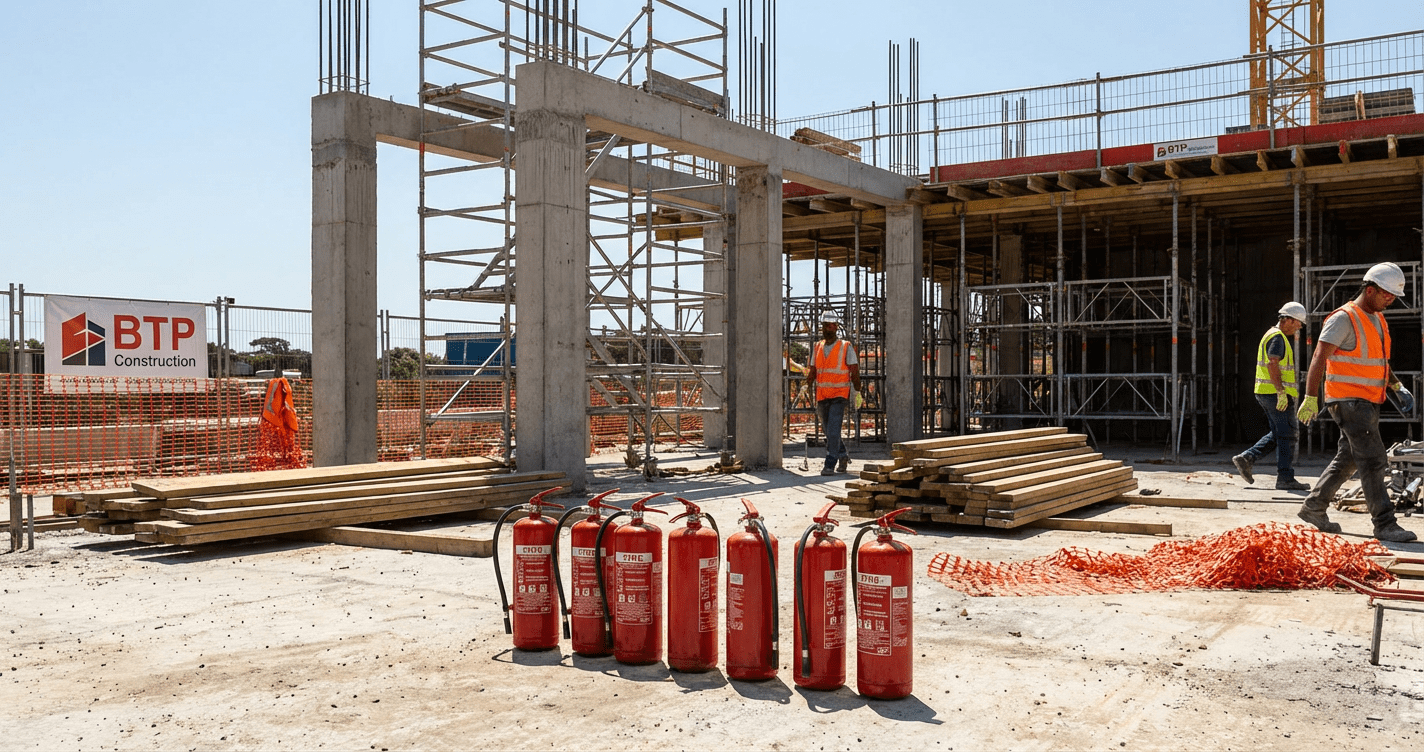 Extincteurs de chantier BTP alignes sur un site de construction a Lyon