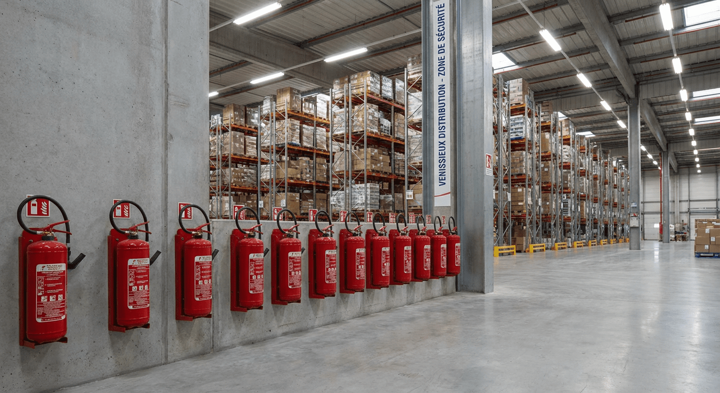 Rangee extincteurs maintenus dans un entrepot industriel pres de Lyon