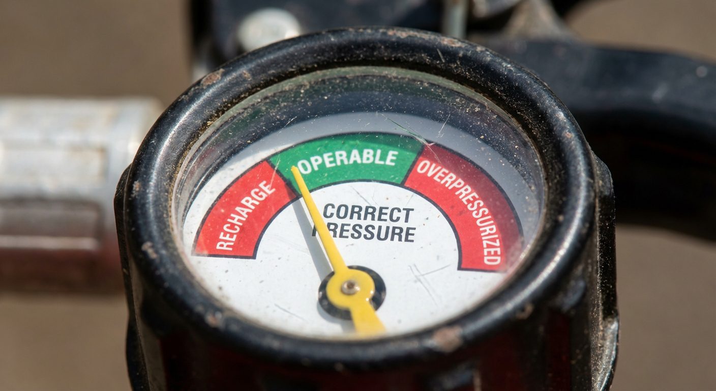 Manometre extincteur gros plan zone verte pression correcte