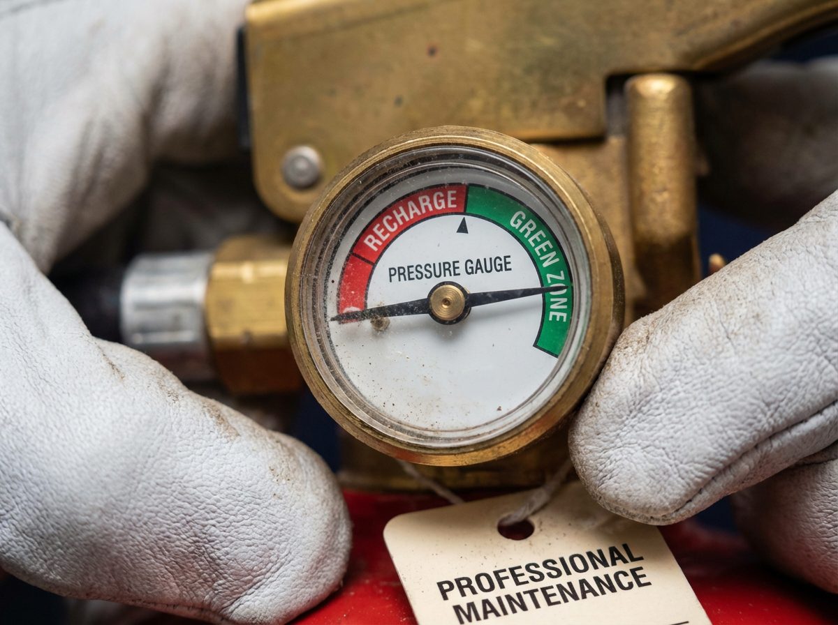 Verification de la pression d un extincteur avec manometre lors de la maintenance