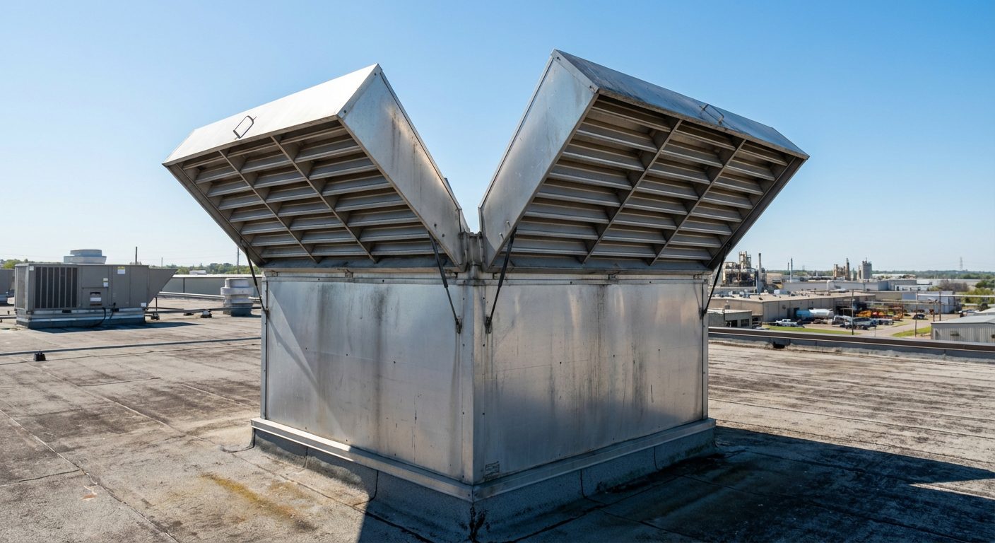 Exutoire de fumées ouvert sur toiture plate d’un entrepôt industriel