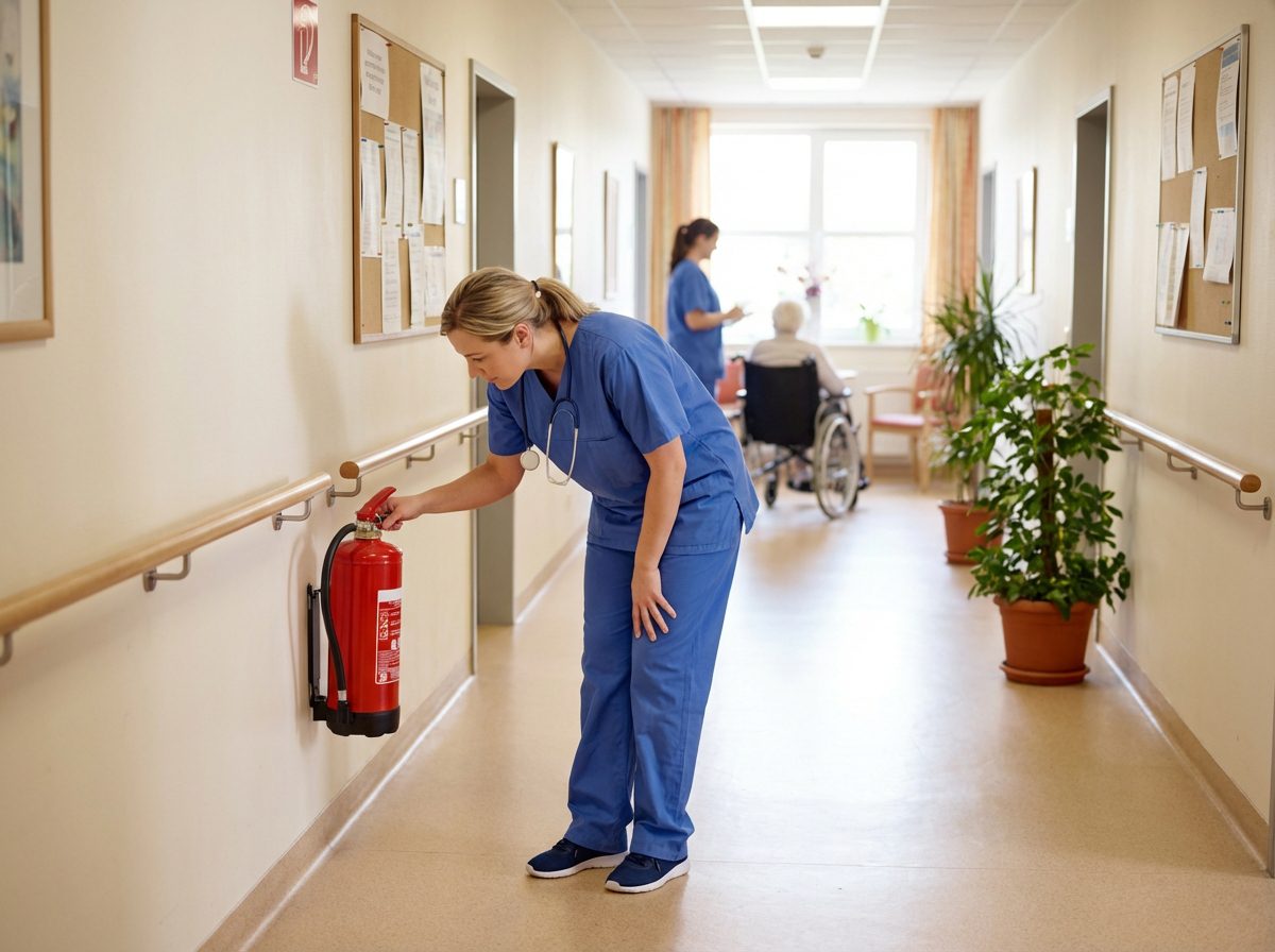Infirmiere verifiant un extincteur dans un EHPAD