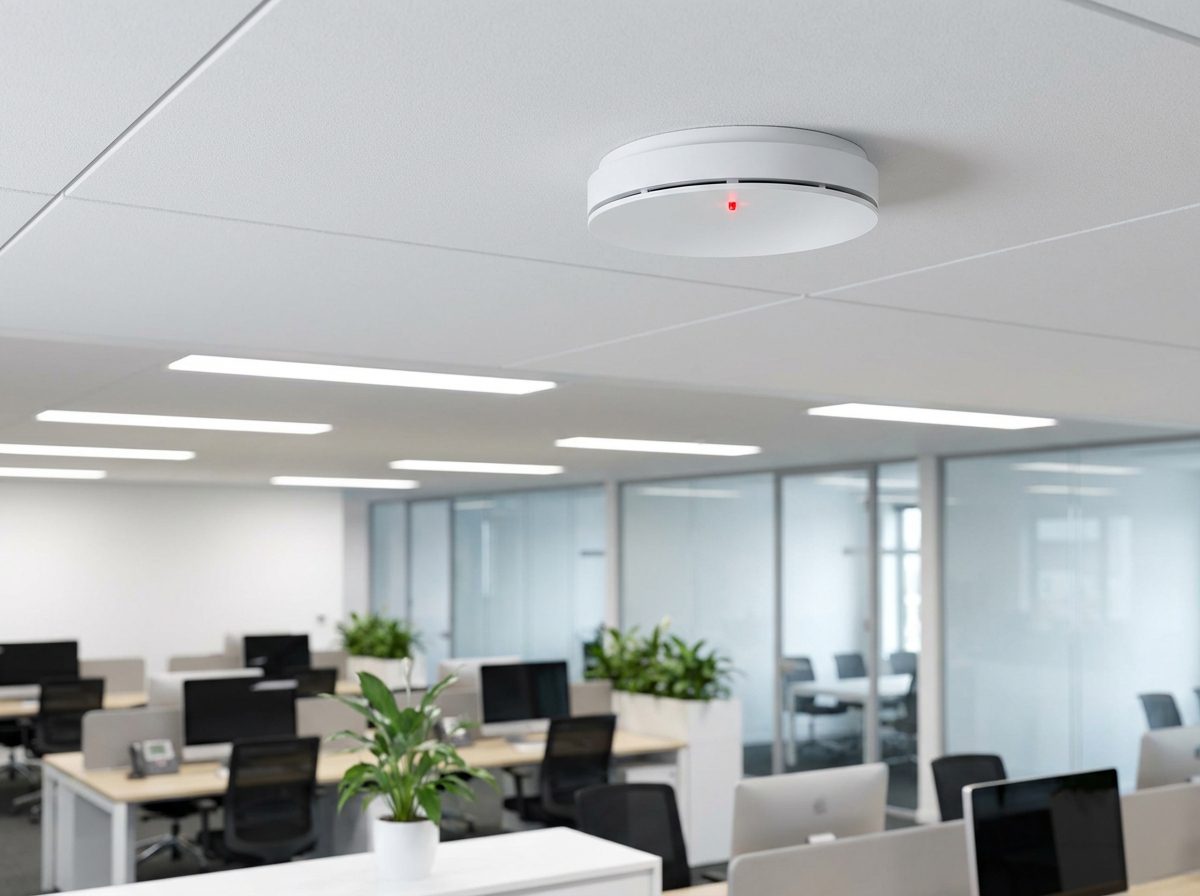 D&eacute;tecteur de fum&eacute;e au plafond dans un open space de bureaux &eacute;quip&eacute; pour la s&eacute;curit&eacute; incendie