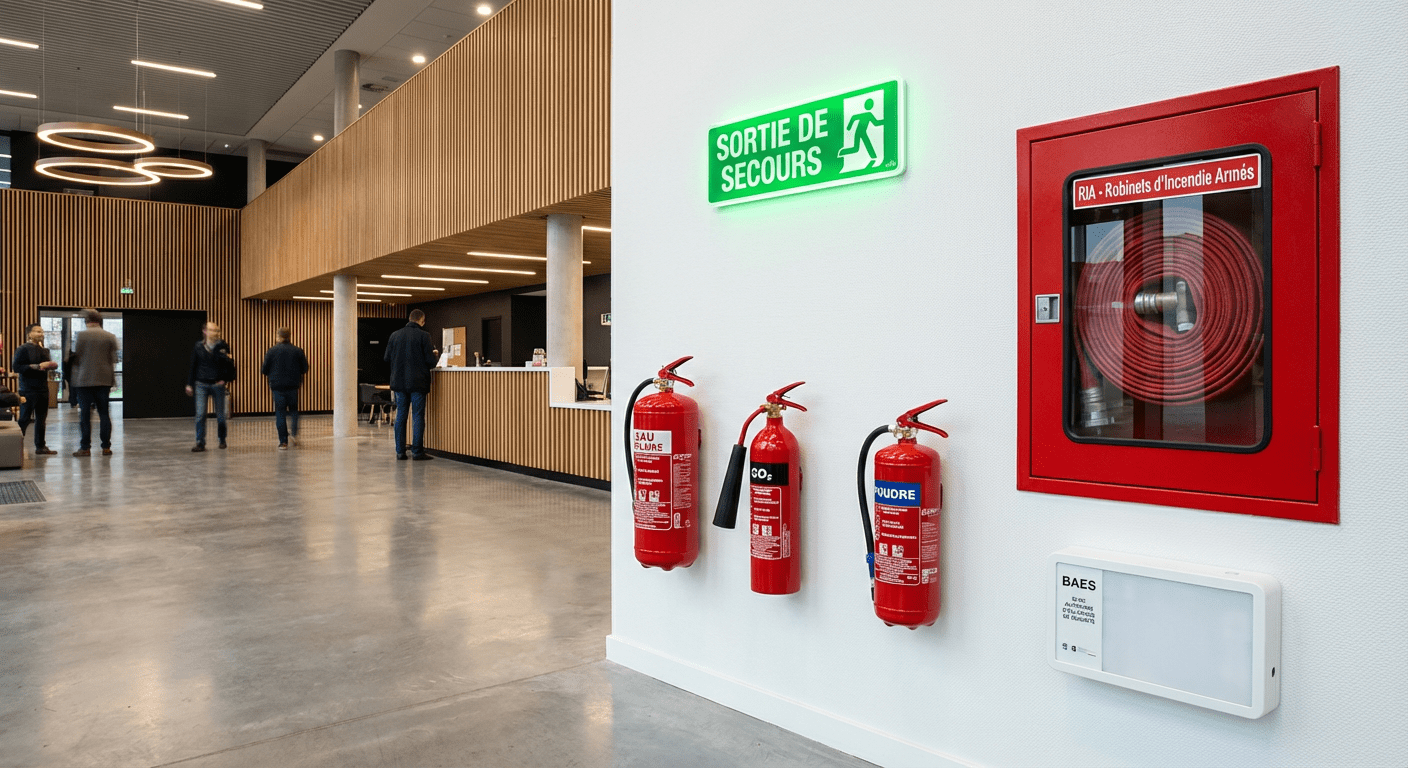 Equipements securite incendie ERP extincteurs BAES RIA dans lieu public