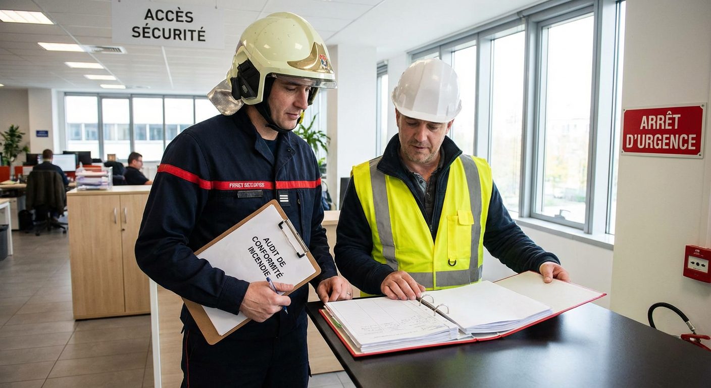 Inspecteur verifiant le registre de securite lors d un controle