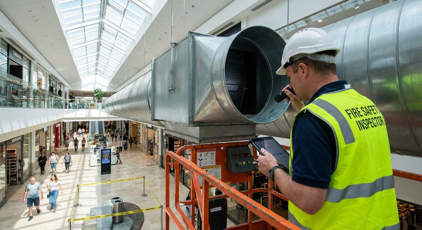 Inspecteur vérifiant la conformité du système de désenfumage dans un centre commercial ERP