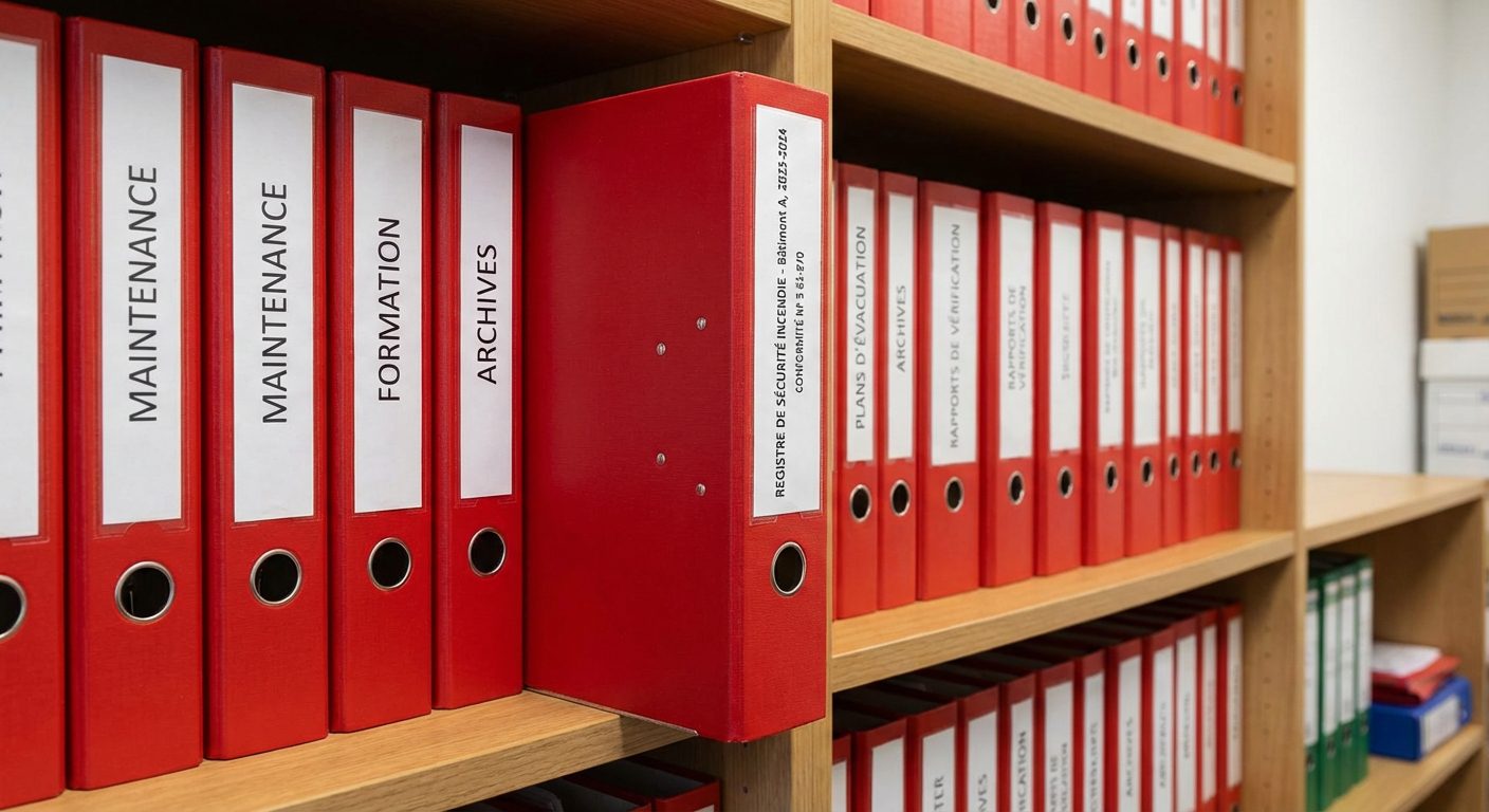 Classeur registre securite incendie sur etagere avec etiquette
