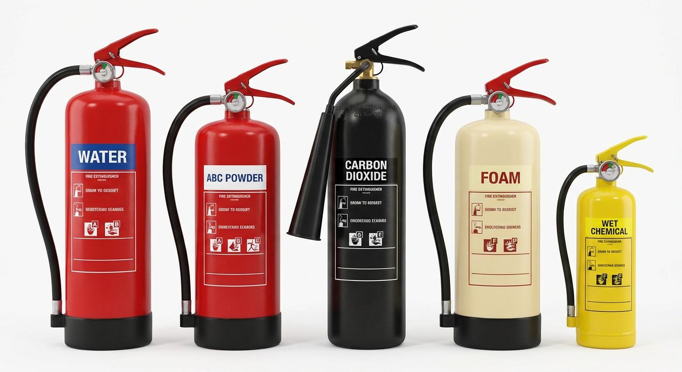 cinq types extincteurs alignes eau poudre co2 mousse classe f