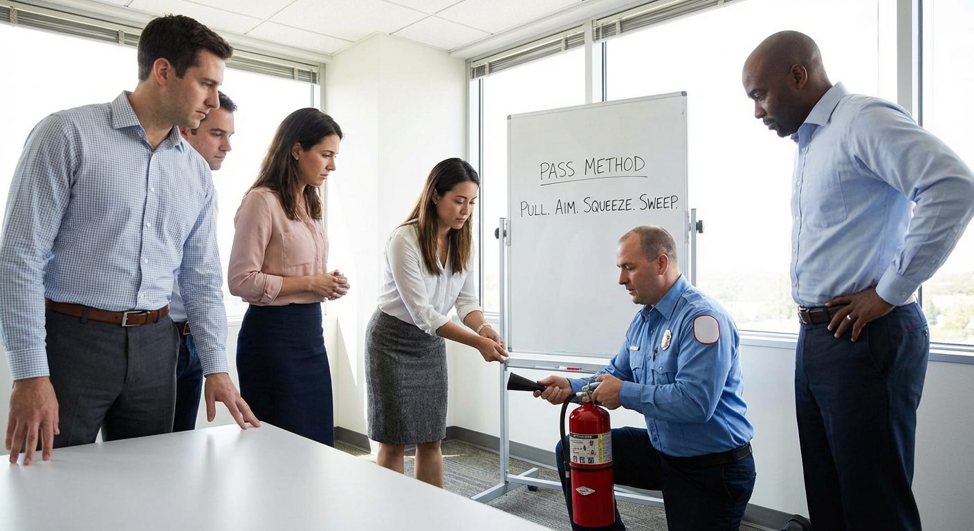 Formateur sécurité incendie montrant à des salariés comment tenir le tuyau d’un extincteur