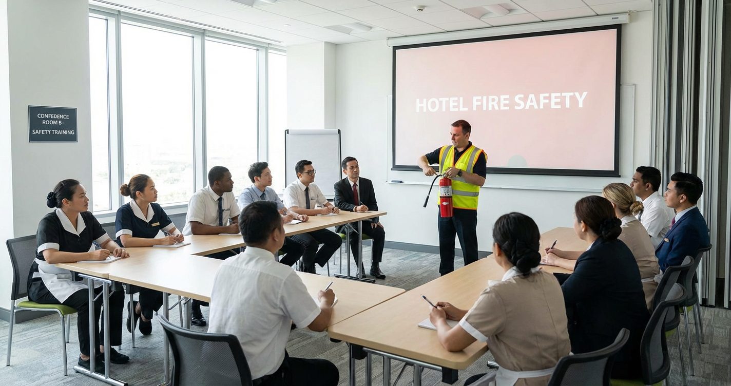 Formation extincteur hotel - personnel hotelier en session de formation securite incendie