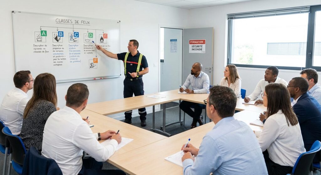 Formateur sécurité incendie expliquant les classes de feu en entreprise