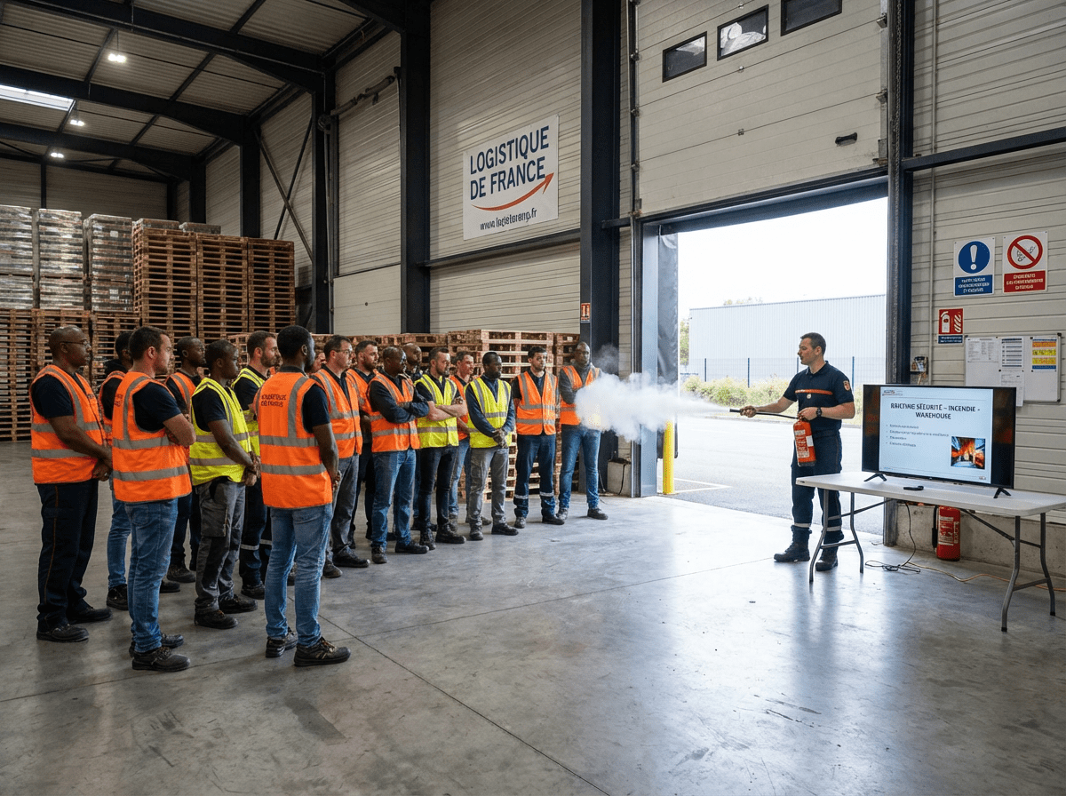 Groupe de salaries en formation securite incendie avec extincteur a Lyon