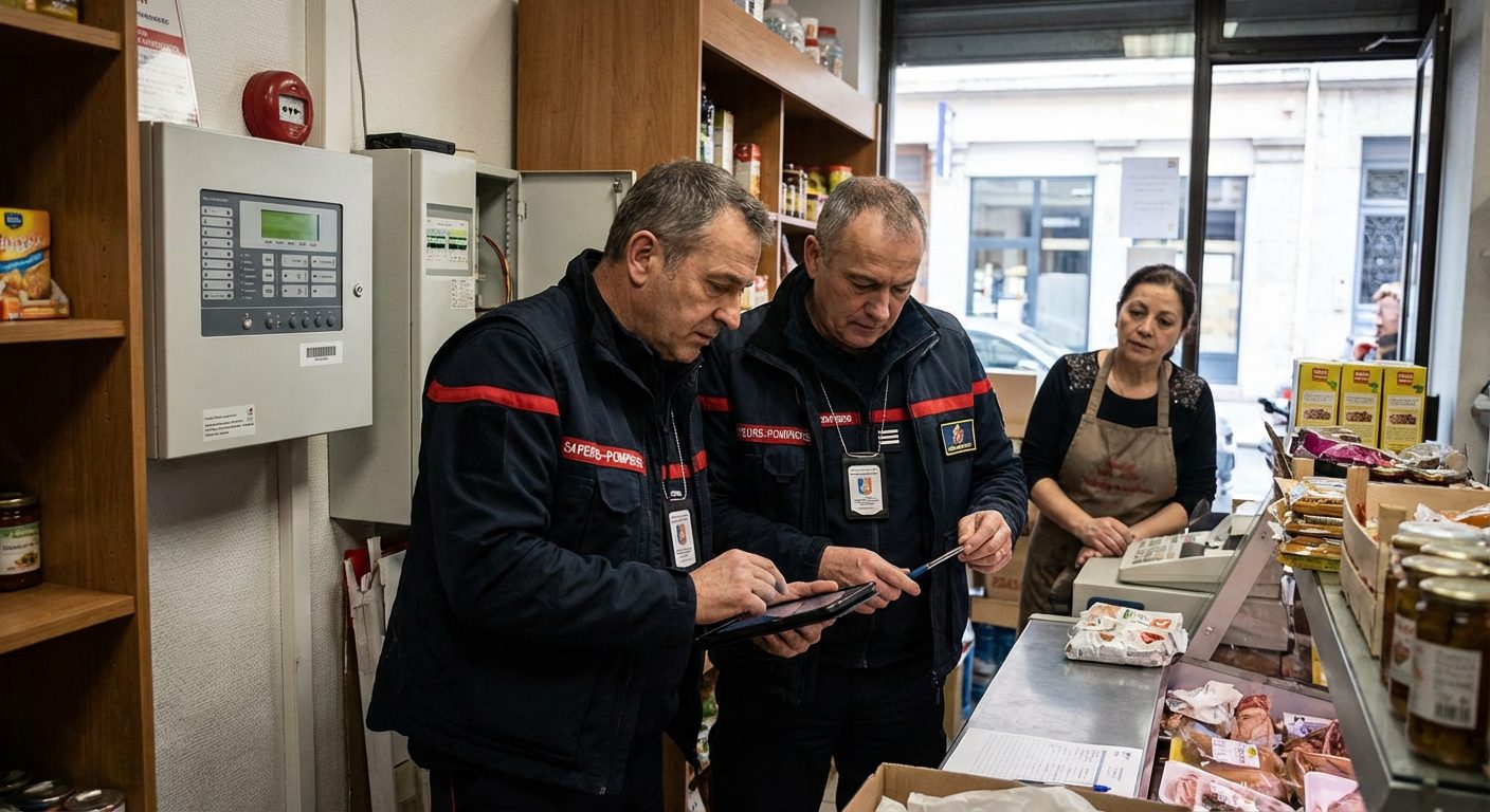 Commission de securite visitant un commerce a Lyon pour controle incendie