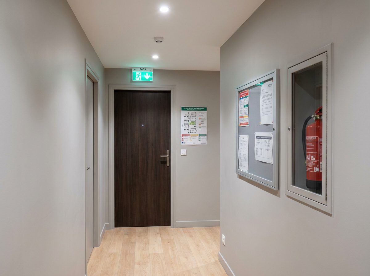 Couloir immeuble habitation avec plan evacuation et eclairage de securite BAES