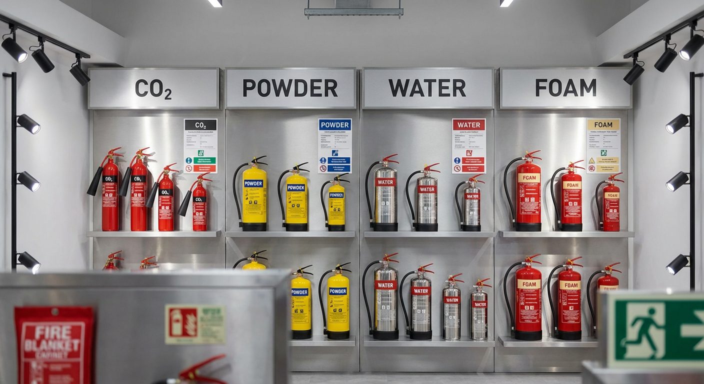 Extincteur CO2 ou poudre : comparatif, avantages et guide de choix 4 Gamme d extincteurs exposes dans un showroom de securite incendie