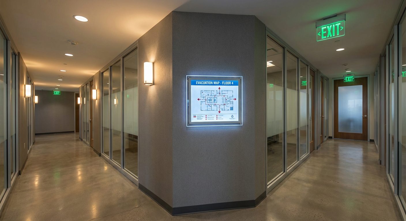 Plan d'évacuation incendie affiché dans un couloir d'entreprise avec signalisation de sortie de secours