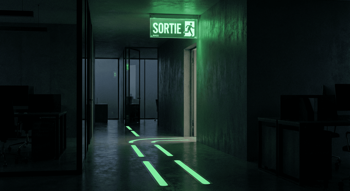Signalétique BAES éclairage de sécurité dans un couloir commercial