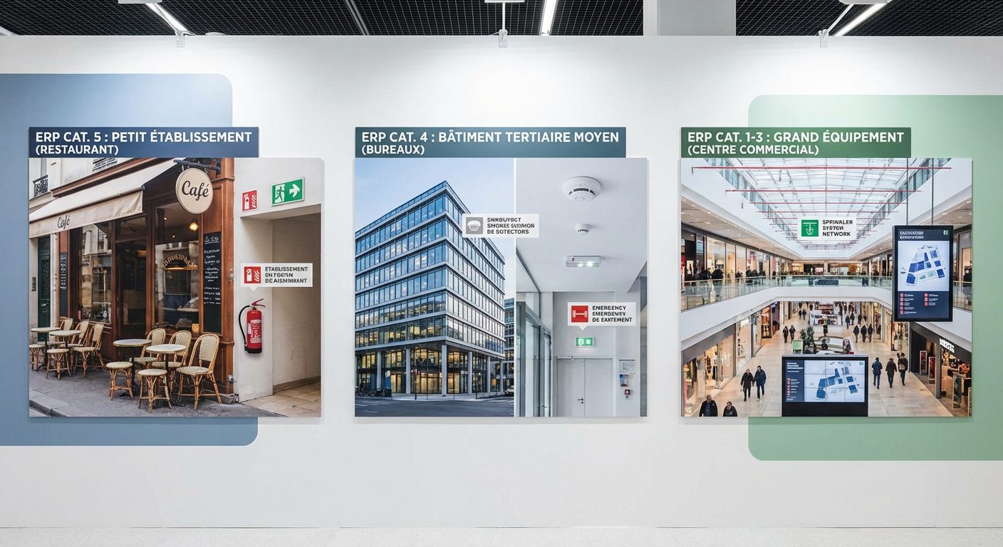 Différentes catégories d'ERP avec équipements de sécurité incendie adaptés